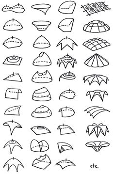 an image of different types of umbrellas and other things that are drawn in black ink