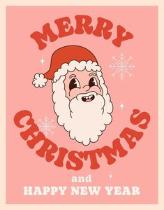 merry christmas and happy new year card with santa claus on it's face in red