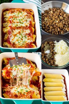 four different pictures of lasagna casserole with meat, cheese and sauce