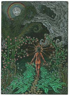 a drawing of a woman walking in the woods with her body painted green and surrounded by plants