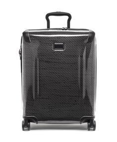 a black and white suitcase on wheels