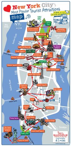 the new york city tour map with all its attractions and locations in red, white, blue