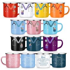 many different colored coffee mugs are stacked on top of each other, with the words i love you