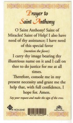 the prayer card for saint anthony