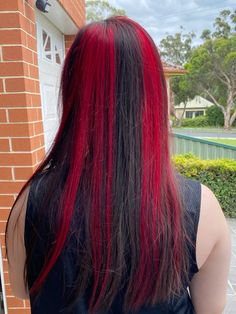 my red highlights which looked nice but i do not recommend red, i stained everything but it was cute asf Red And Purple Streaks Hair, Black Wig With Red Highlights, Red With Bright Red Highlights, Vibrant Red Highlights, Bright Red Highlights, Red Highlights, Highlights