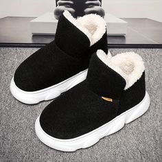 Winter Slippers With Plush Lining And Round Toe, Winter Sports Low-top Boots, Winter Slip-on Boots With Rubber Sole, Warm Casual Winter Slippers, Winter Plush Lined Slip-on Slippers, Black Winter Slippers With Rubber Sole, Black Winter Slippers With Round Toe, Comfortable Synthetic Winter Boots, Black Slip-on Winter Slippers