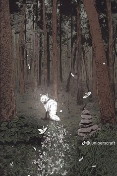 a white cat sitting in the middle of a forest filled with trees and birds flying around