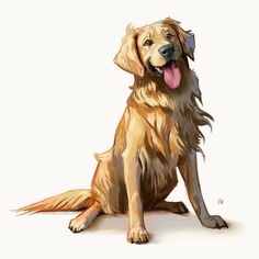 a drawing of a golden retriever dog sitting on the ground with its tongue out