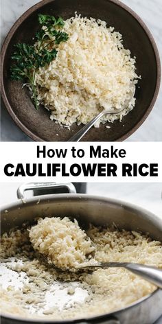 cauliflower rice is being cooked in a skillet with the words cauliflower rice low - carb pale whole 30