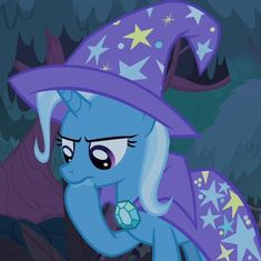 a blue pony with a purple hat and stars on it's head, standing in front of trees