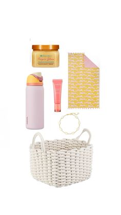 the contents of a white wicker basket with pink and yellow items in it on a white background