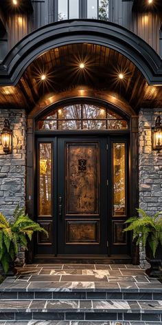 the front entrance to a house with two large plants and lights on it's side