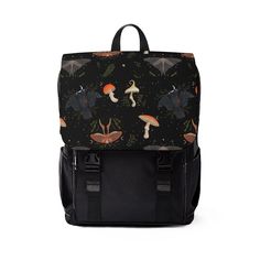 Mushroomcore Cottagecore Witchy Boho Casual Shoulder Backpack | School Backpack | Back To School Moon And Moth Cottagecore Witchy Boho Casual Shoulder Backpack in a classic shape with a front flap design. It is made of durable Oxford canvas. It has two slip interior pockets and one laptop sleeve in the main compartment, a front zipper pocket, and two side pockets. This is the perfect backpack for adults, kids and teens for back to school, work or personal use!  Everything in my shop is designed by me and all purchases are going to support my small business and my art! Every purchase means the world to me and is helping me support my dream as well as my two young daughters!  Made of 24.34 oz. Oxford canvas Flap with strap claps at the front Adjustable shoulder straps Black base and inside c Grunge Backpack, Witchy Boho, Backpack School, Shoulder Backpack, School Backpack, Boho Casual, Designer Backpacks, Photography Design, Backpack Purse