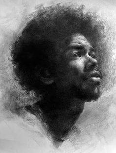 a black and white drawing of a man's head with an afro hairstyle