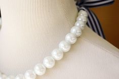 16mm Perfect Bridesmaid Necklace-Pearl Necklace w/Ribbon Tie WEDDING JEWELRY Maid of HONOR White Pearl Jewelry With Ribbon, White Pearl Jewelry With Ribbon Detail, Elegant White Jewelry With Ribbon, Elegant White Ribbon Necklaces, Nautical Wedding Theme, Themed Weddings, Nautical Wedding, Candy Stripes, Bridesmaid Necklace