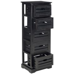 a tall black wooden tower with drawers