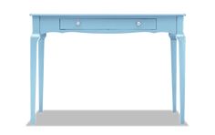 a blue table with two drawers on the top and one drawer at the bottom, against a white background