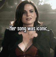 a woman wearing a black jacket and red top with the words her song was iconic