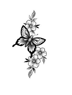 a black and white drawing of flowers with butterflies on it's wings, in the shape of a butterfly