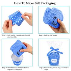 instructions for how to make a gift package with blue towels and polka dotty cloths