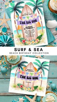 Surfing theme birthday party invitations and party goods for all ages, kids or adults, featuring a surfboard on the beach between two palm trees and "The Big One" and "Surf's Up" captions. Perfect for milestone birthdays such as a 1st or 50th birthday and all ages in between. The invite is also available as a digital download to send via phone or email. Beach Birthday Invitations, Beach Theme Birthday, Baby's 1st Birthday, Surf Party, Beach Birthday Party, Beach Dinner, Idea Birthday, Birthday Collection, Sunset Background