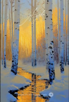 an oil painting of trees and water in the snow with yellow light coming from them