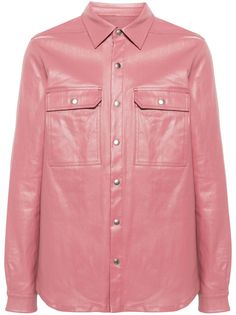 pink cotton denim coated finish classic collar long sleeves with buttoned cuffs two front flap pockets rear grosgrain ribbon trim full lining internal zip-fastening pockets curved hem front press-stud fastening City Shorts, Short Suit, Summer Beach Wear, Pink Outfits, Denim Coat, Mens Outerwear, Light Jacket, Rick Owens, Denim Shirt