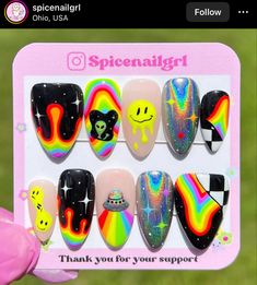 Trippy Nails, Trippy Stuff, Alien Nails, Trippy Alien, Concert Nails, Disney Acrylic Nails, Red Nail Art Designs, Horror Nails, Rainbow Nail Art