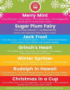 a colorful poster with the words merry mint, sugar plum fairy, jack frost, grin's heart, winter spritz and rudolph in a cup