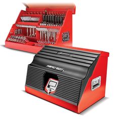 a red toolbox with tools in it