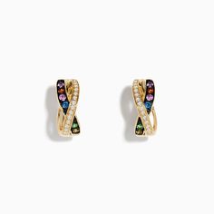 Effy Watercolors 14K Yellow Gold Multi Sapphire and Diamond Earrings Elegant Rainbow Earrings, Elegant Multicolor Gemstone Hoop Earrings, Elegant Rainbow Hoop Earrings, Sapphire And Diamond Earrings, Multi Sapphire, Effy Jewelry, Gold Yellow, Diamond Earrings, Sapphire