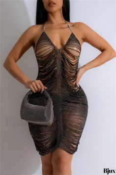 Bjux - Chic Patchwork Backless Halter Sleeveless Dress with Hollowed Out Design Sleeveless Sheer Mini Dress For Date Night, Chic Sheer Sleeveless Dress For Party, Sheer Sleeveless Mini Dress For Night Out, Glamorous Sheer Sleeveless Mini Dress, Backless Club Dress, Plus Jumpsuit, Dress Sleeve Styles, Home Dress, Long Shirt Dress