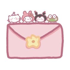 a pink envelope with hello kitty and other cartoon characters on the front, holding a star