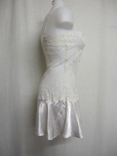 "Short White Lace and Satin Nightgown Unbelievably adorable! Sheer Baby doll /white nightie! Tons of lace with a satin flouncy skirt This is sassy! (Like You!) Small 36\" bodice 40\" Hip 32\" length Easy care poly GREAT for brides! https://www.etsy.com/shop/BelindasStyleShop" Fitted Satin Nightgown With Lace Trim, Fitted Lace Bodice Slip Dress For Wedding Night, White Sheer Satin Dresses, Fitted Lace Bodice Night Dress, Party Sleepwear With Lace Trim In Satin, Fitted Satin Sleepwear For Wedding Night, Fitted Camisole Dress For Wedding Night, Camisole Dress With Lace Trim For Sleep, Sheer Lace Cream Nightgown