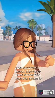 an animated girl with glasses is standing on the street in front of palm trees and buildings