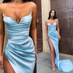 This Sky Blue Long Mermaid Sweetheart Satin Prom Evening Dress boasts a stunning high split and a flattering sweetheart neckline, making it a perfect choice for any formal or special occasion. The sleek and luxurious satin material adds a touch of elegance and sophistication, ensuring you'll make a lasting impression wherever you go. Mermaid Prom Dress, Spaghetti Strap Prom Dress, Green Prom Dress, Pink Prom Dresses, Black Prom Dresses, Red Prom Dress, Mermaid Prom Dresses, Party Gowns, Long Prom Dress