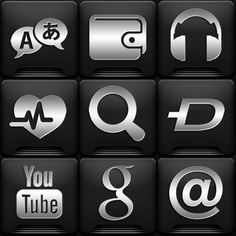 black and silver buttons with different symbols on them, including an email symbol, google logo,