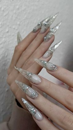 Nail With Piercing, White Witch Nails, Dark Angel Nails, Sigil Nails, White Goth Nails, Princess Nails Aesthetic