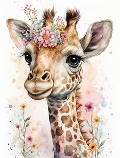 a painting of a giraffe with flowers on its head