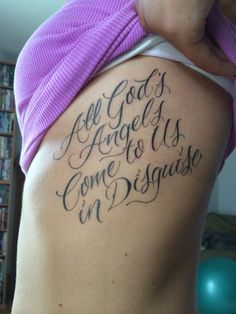 a woman with a tattoo on her back that says, don't let the devil out