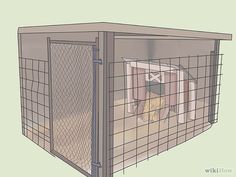 a drawing of a dog kennel with the door open to it's bed