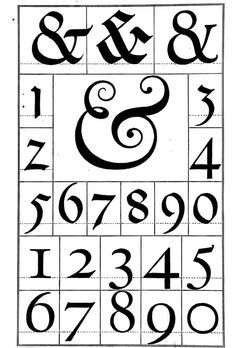 the alphabet and numbers are drawn in black ink on white paper, with an ornamental design