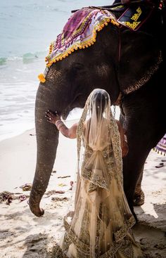 an elephant standing next to a bride on top of a beach