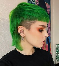 Green Hair Short, Goth Mullet, Green Mullet, Short Green Hair, Half Shaved Hair, Hair Mullet