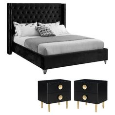 a black bed with two nightstands next to it and an image of the headboard