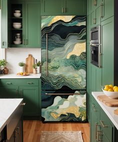 a kitchen with green cabinets and an abstract painting on the refrigerator door that is open