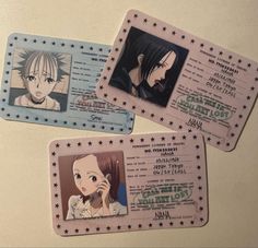 three id cards with anime characters on them