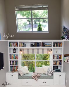 before and after pictures of a window seat with bookshelves in the living room