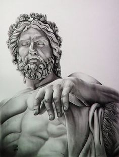 a black and white drawing of a man with his hands on his chest as if he is holding something