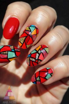 Brighten up your fall with these colorful stained glass-inspired red nails. The mix of colors and glitter is perfect for a fun and vibrant look. Explore more creative nail ideas at NailHow.com and save this pin! Creative Nail Ideas, Red Lipstick, Dope Nails, Creative Nails